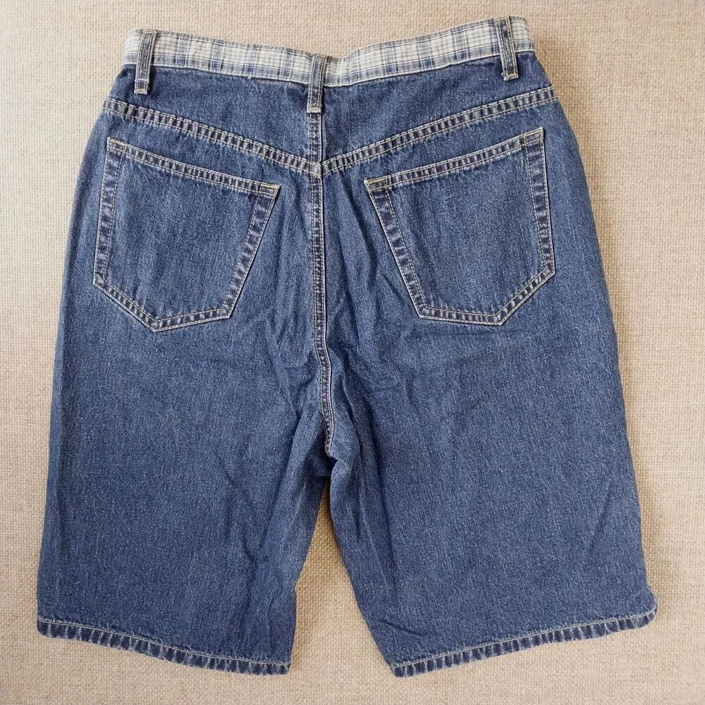Vintage Liz Claiborne Denim Bermuda Shorts Plaid Accents Tie Strings Size 6